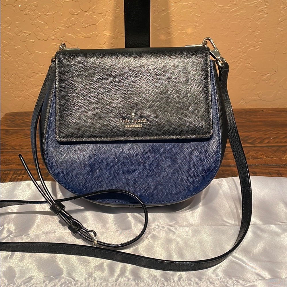 Kate Spade Cameron Street Black and Navy Saffiano Leather Crossbody Saddle Bag